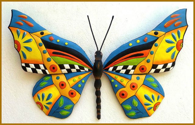 decorative hand painted metal butterfly wall hanging. Tropic Decor